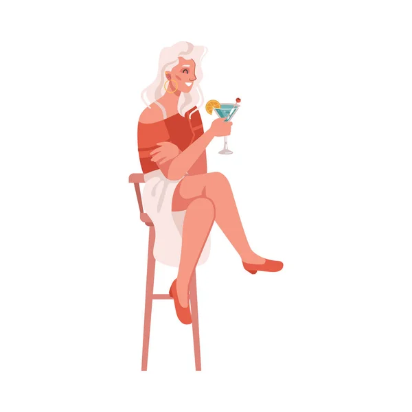 Female Personage Drinking Cocktail Sitting Barstool Isolated Woman Enjoying Summer — Stockvector