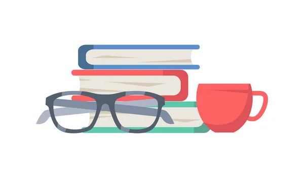 Books Textbook Pile Isolated Publications Glasses Cup Coffee Tea Beverages — Stockvektor