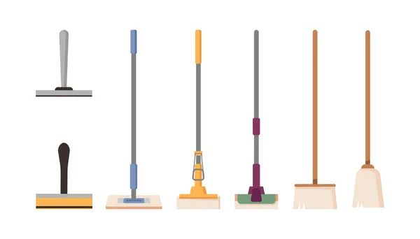 Mops Brushes Variety Types Isolated Cleaning Equipment Home Office Hand — Stok Vektör