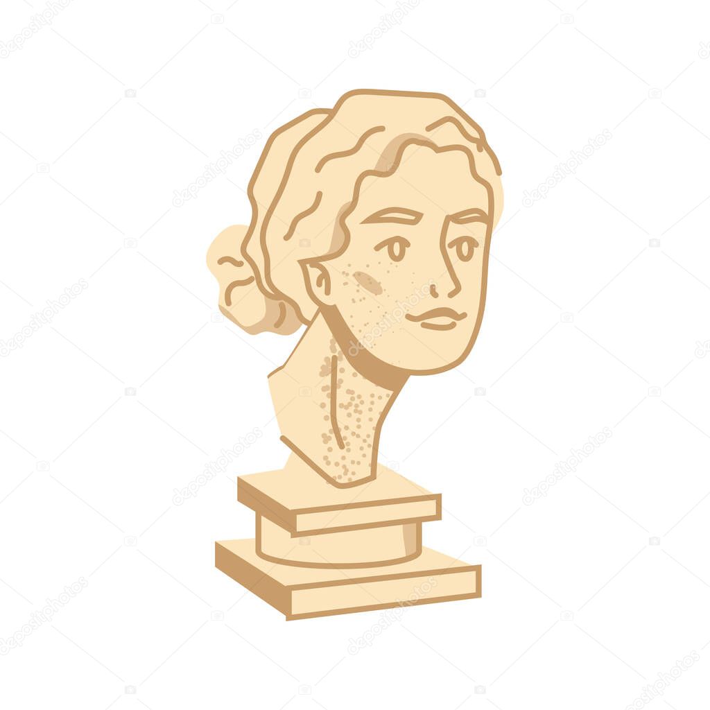 Bust of woman, ancient cultural heritage, artworks and sculptures. Greek or Roman statues of stone or marble. Female character portrait. Vector in flat style