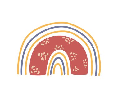 Rainbow cartoon, childlike drawing. Vector in flat style, heart and flower in blossom, blooming and flourishing of plant, bright sun and rain, rainy weather