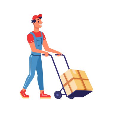 Courier with wheelbarrow delivery cart and parcel package, man in uniform with carton box and transportation trolley. Deliver of order, logistics and shipment. Vector flat cartoon illustration