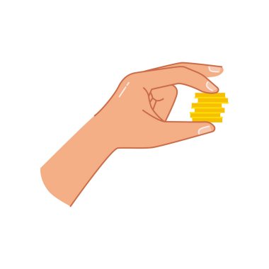 Coins and cash in hand, isolated of palm with money for paying. Giving loan, saving financial assets or exchanging, wealthy person with metals. Flat cartoon style vector illustration