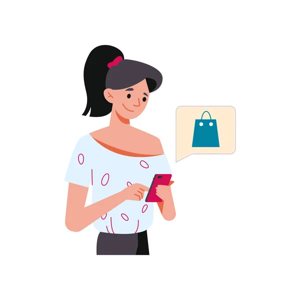 Woman Order Online Smartphone Isolated Flat Cartoon Character Vector Shopping — Stockvektor