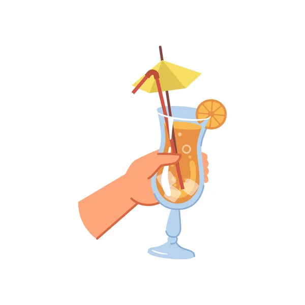 Bartender Hand Refreshing Summer Cocktail Straw Umbrella Isolated Flat Cartoon — Stock Vector