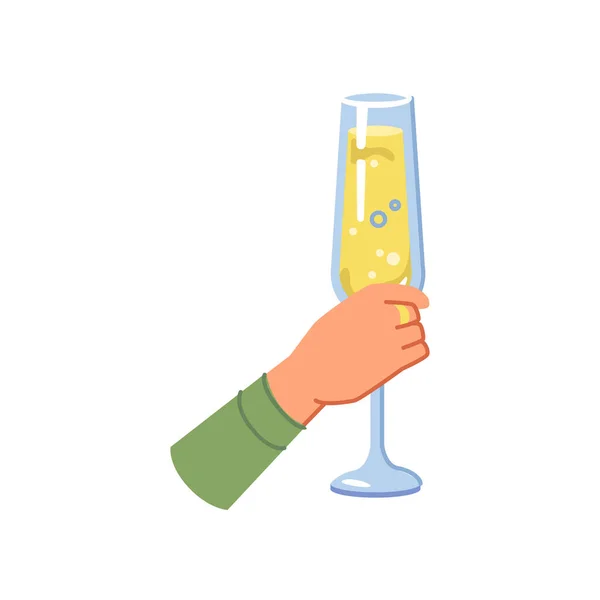 Champagne Romantic Alcohol Drink Human Hand Isolated Flat Cartoon Vector — Vettoriale Stock