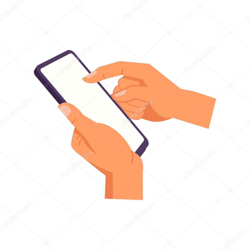 Hand holding smartphone. Vector icon of people hold smartphone or using touch gestures for mobile phone while reading. Press and point, pich and unpinch, rotate and swipe symbol. Digital device