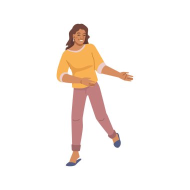 Cheerful female character with smile on face, happy lady wearing casual clothes. Girl teenager or older lady with funny expression on face. Flat cartoon, vector in flat style