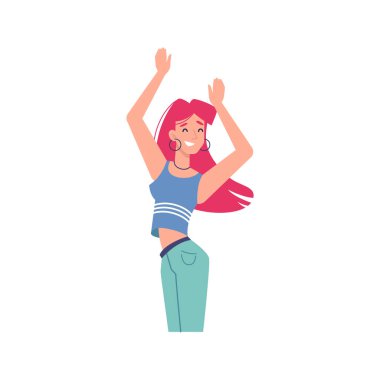 People dance at party or happy flat person at disco. Discotheque woman dancer. Young teen at nightclub or concert. Nightlife activity