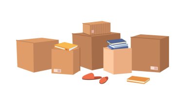 Packed cardboard boxes with personal stuff, plants, home decoration and furniture isolated flat cartoon of pack with things. Vector relocation or moving in home or office, belongings in packages