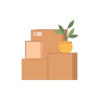 Packed cardboard boxes with personal stuff, plants, home decoration and furniture isolated flat cartoon of pack with things. Vector relocation or moving in home or office, belongings in packages