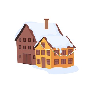 Christmas New Year winter village landscape element flat cartoon design icon. Vector cottage house and snow, fur trees and bushes, chalet decorated by garlands