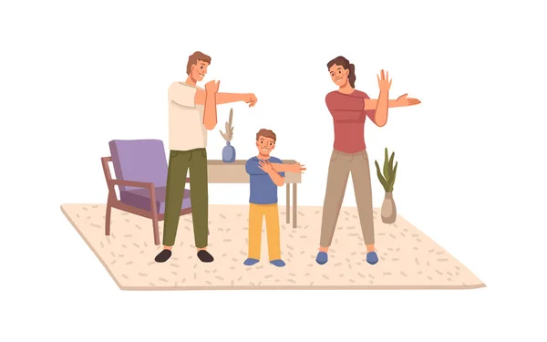 Caucasian Family Doing Exercises Together Home Healthy Lifestyle Parents Son — Stok Vektör