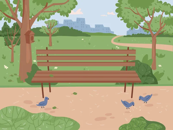 Landscape Park Pigeon Birds Green Trees Grass Scenery Bench Pathway — Vetor de Stock