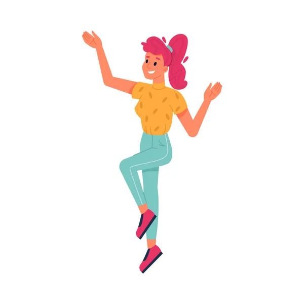 Happy Person Jumping Smiling Joy Fun Hands Vector Flat Illustration — Vector de stock