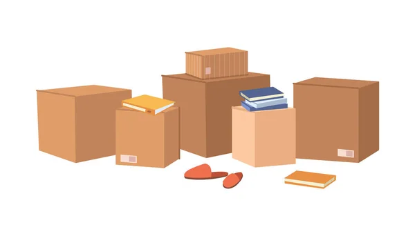 Packed Cardboard Boxes Personal Stuff Plants Home Decoration Furniture Isolated — Archivo Imágenes Vectoriales