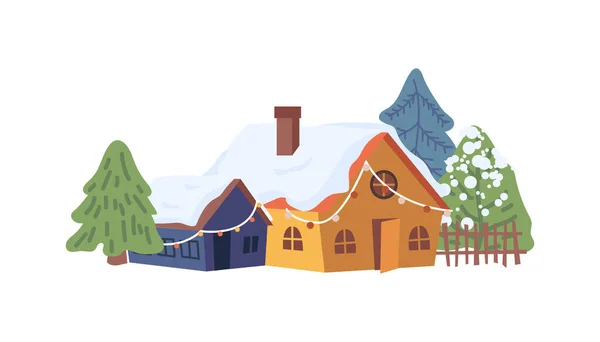 Christmas New Year Winter Village Landscape Element Flat Cartoon Design — Stok Vektör