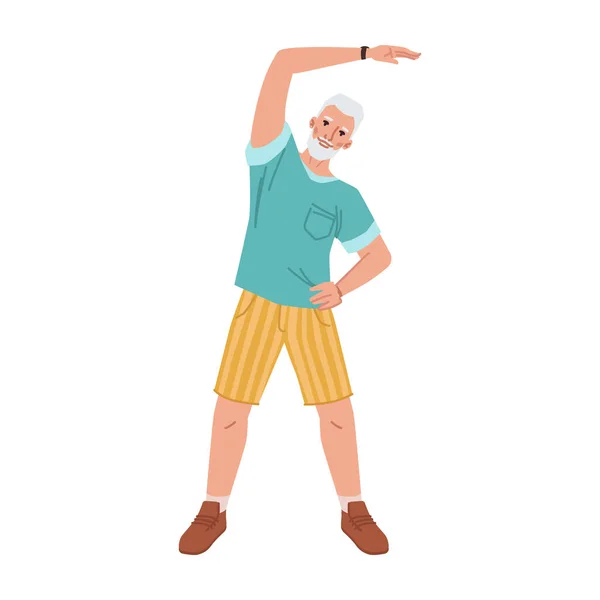 Cartoon Old Person Training Stretching Hand Aside Yoga Fitness Classes — 스톡 벡터