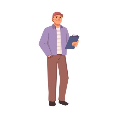 Agronomist or entrepreneur holding notebook with information about business. Agricultural occupation, management of farming process. Vector in flat style, flat cartoon character