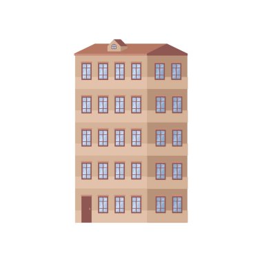 Residential house for living or working in office, building. City or town construction with several levels, multi story landmark and urban architecture in metropolis. Vector illustration
