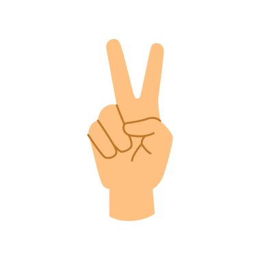 Hand gesture showing V sign, peace or victory meaning. Isolated palm with two fingers up, signal of freedom and positivity. Flat cartoon, vector in flat style