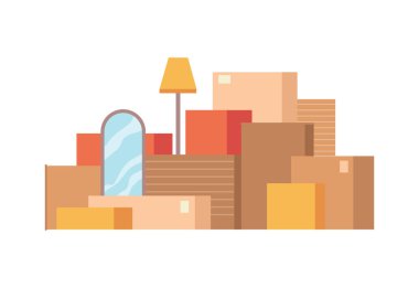 Packed cardboard boxes with personal stuff, plants, home decoration and furniture isolated flat cartoon of pack with things. Vector relocation or moving in home or office, belongings in packages