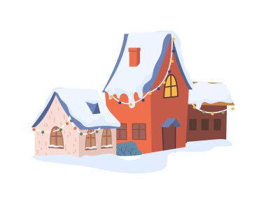 Christmas New Year winter village landscape element flat cartoon design icon. Vector cottage house and snow, fur trees and bushes, chalet decorated by garlands