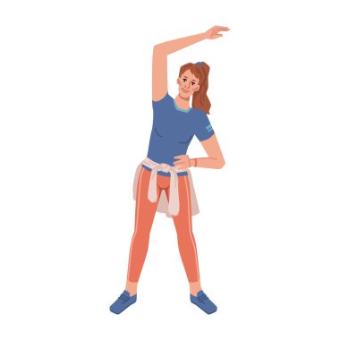 Cartoon person training stretching hand aside, yoga fitness classes. Vector flat cartoon personage doing sport exercises, sportsman training workout. Healthy lifestyle wellness wellbeing