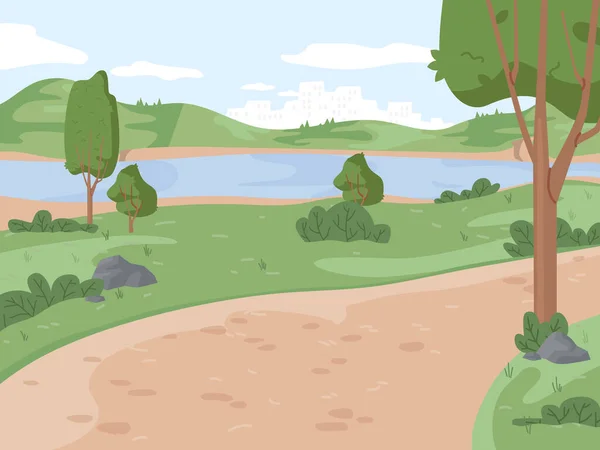 Landscape Park River Ponds Green Trees Grass Scenery Background Vector — Vetor de Stock