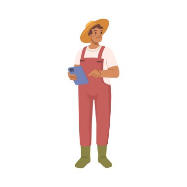 Agricultural business and management of process. Isolated entrepreneur, farmer or investor with notebook checking agribusiness. Vector in flat style, flat cartoon character
