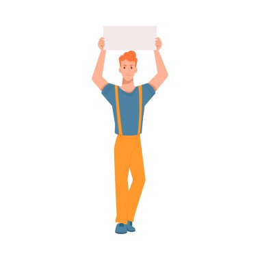 Protesting blond man with placard or billboard, male protestor on rebellion strike. Vector flat cartoon man with placard, political movement for equality. Guy waiting in airport queue