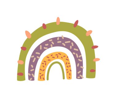 Rainbow cartoon, childlike drawing. Vector in flat style, heart and flower in blossom, blooming and flourishing of plant, bright sun and rain, rainy weather