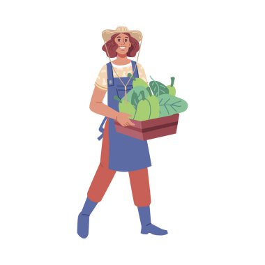 Farming and harvesting, isolated woman carrying cart with fresh raw vegetables. Box with salad leaves, zucchini and greenery. Flat cartoon character, vector in flat style