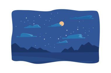 Countryside starry sky with celestial bodies, full moon and clouds. Mountains and lake, park scenery of pristine nature. Hill to observe milky way and planets. Vector in flat style