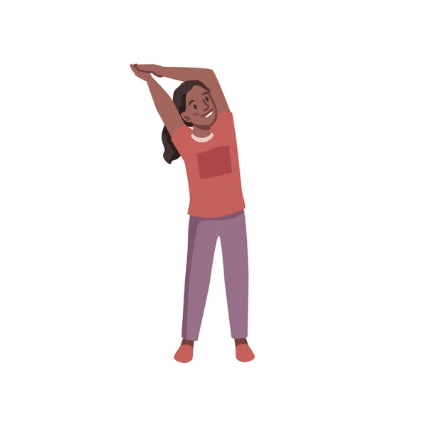Afro American Girl Doing Sport Activities Bent Stretching Arms Left — стоковий вектор