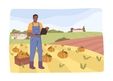 Çiftçilik ve hasat, ekinlerin yönetimi ve satmak için ihracat hacmi. Bilgisayarlı bir adam iş icatlarını kontrol ediyor, sahada pompalıyor. Düz biçimli vektör, düz çizgi film karakteri