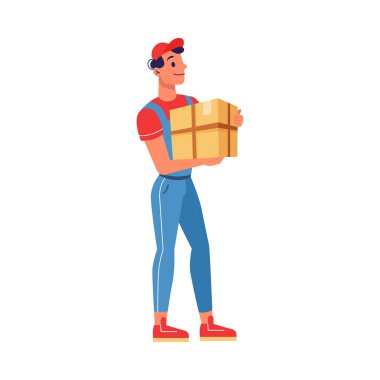 Elinde paket kutusu olan üniformalı bir kurye, izole bir çizgi film karakteri olan adresine bir kutu teslim ediyor. Paket teslimatı, karton ya da karton kargo paketli kurye.