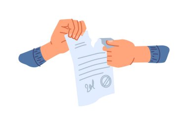 İşadamı sözleşmeyi ya da iş anlaşmasını yırtıyor. Mühür ve imzayla izole edilmiş yırtılmış sayfa. Strateji ya da gelişme planı. Düz biçimli vektör