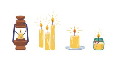 Eski ve klasik mumlar, cadılık ve büyü pratiği için izole elementler. Antik fener, alev ve ateş yanıyordu. Çizgi film tarzında vektör