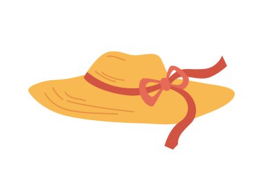 Yaz için saç aksesuarları, kurdele süslemeli izole edilmiş hasır şapka. Tatil ya da dinlenmek için şapka, güneş çarpmasından korunmak için. Çizgi film tarzında vektör