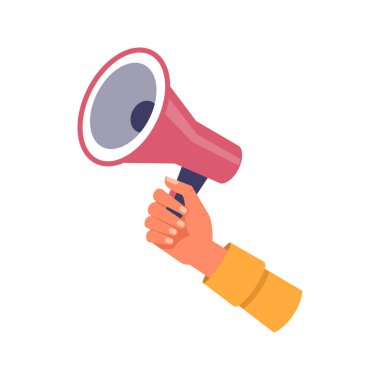 Megafonlu protestocu, bağırışları arttırdığı için boynuzlu münzevi eli. Gösteri ya da protesto, isyan. Çizgi film tarzında vektör