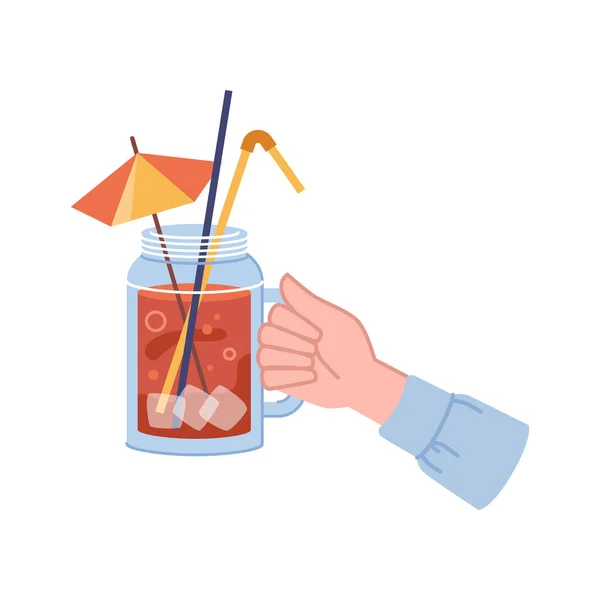 男性または女性の手に熱帯カクテルは フラット漫画のベクトルイラストを隔離しました ガラス瓶でアルコールを飲み 傘で装飾されたハンドル 新鮮な飲み物でバーテンダー歓声 — ストックベクタ
