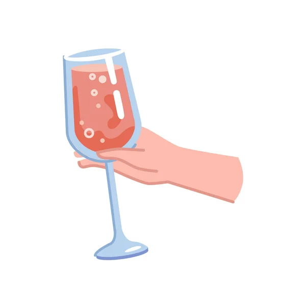 手里拿着酒水 一杯红酒或粉红色的香槟 平淡的卡通人物图解 酒商或酒保品尝葡萄酒产品 派对庆祝浪漫饮料 — 图库矢量图片