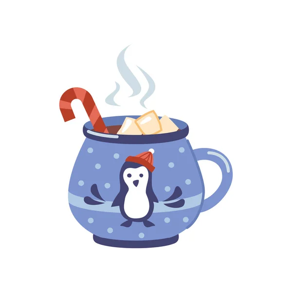 Weihnachtsgetränk Isoliertes Aromatisches Getränk Niedlicher Tasse Mit Pinguin Heiße Schokolade — Stockvektor