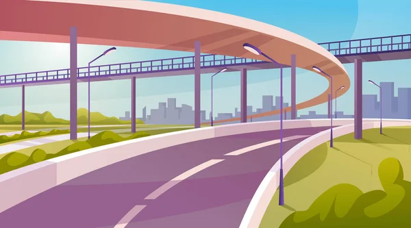交通要道或城市之间的交通 有桥梁和通道供行人使用的公路 侧边的灯笼和绿叶 平面卡通风格的矢量 — 图库矢量图片