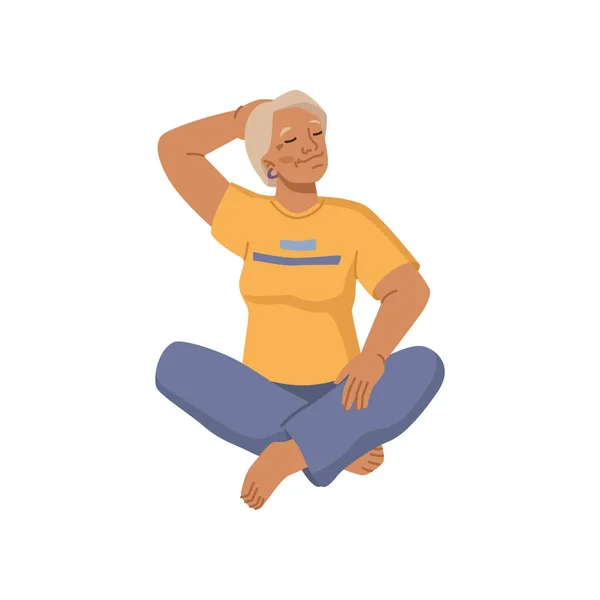 シニア女性の文字を動作し 演習を行うと 孤立祖母の腕を伸ばし ヨガポーズで座っている高齢女性キャラクター 平たい漫画風のベクトル — ストックベクタ