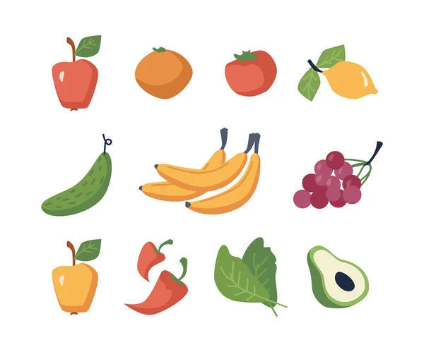 Alimentos Frescos Saludables Verduras Frutas Aisladas Plátano Manzanas Naranja Limón — Vector de stock