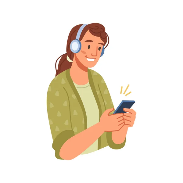 Fille Écoutant Podcast Musique Sur Smartphone Femme Portant Des Écouteurs — Image vectorielle