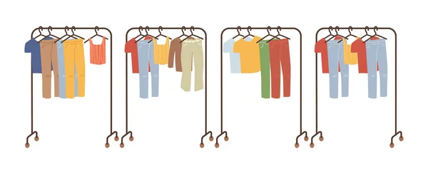 Mannen Vrouwen Kleding Hangend Aan Rek Hangers Geïsoleerde Winkel Assortiment — Stockvector