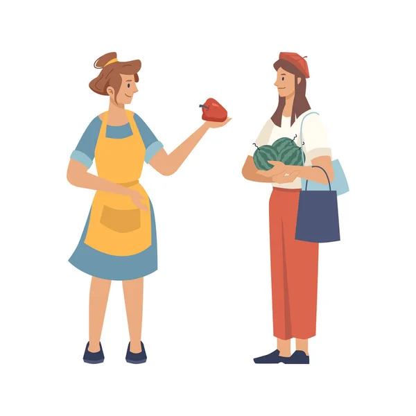 地元の農業ビジネスは 孤立農家の顧客に新鮮な収穫野菜を販売する 唐辛子とスイカを持っている女性 平たい漫画風のベクトル — ストックベクタ